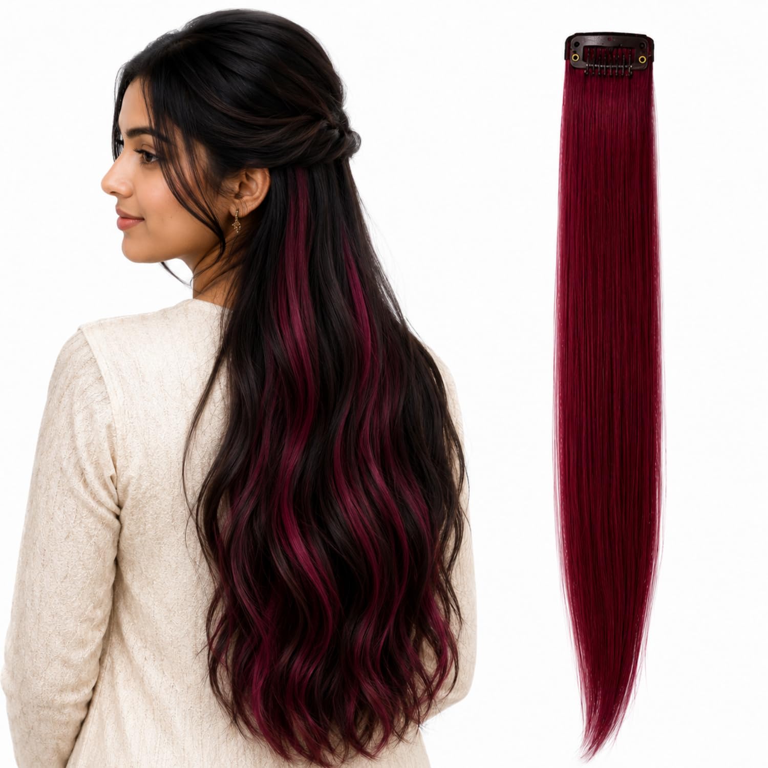 Lavish Locks Color Streaks(18 inch) | Clip on Hair Extensions For Women & Girls | 100% Natural Human Hair | Natural Burgundy) (Pack of 2)-image-11