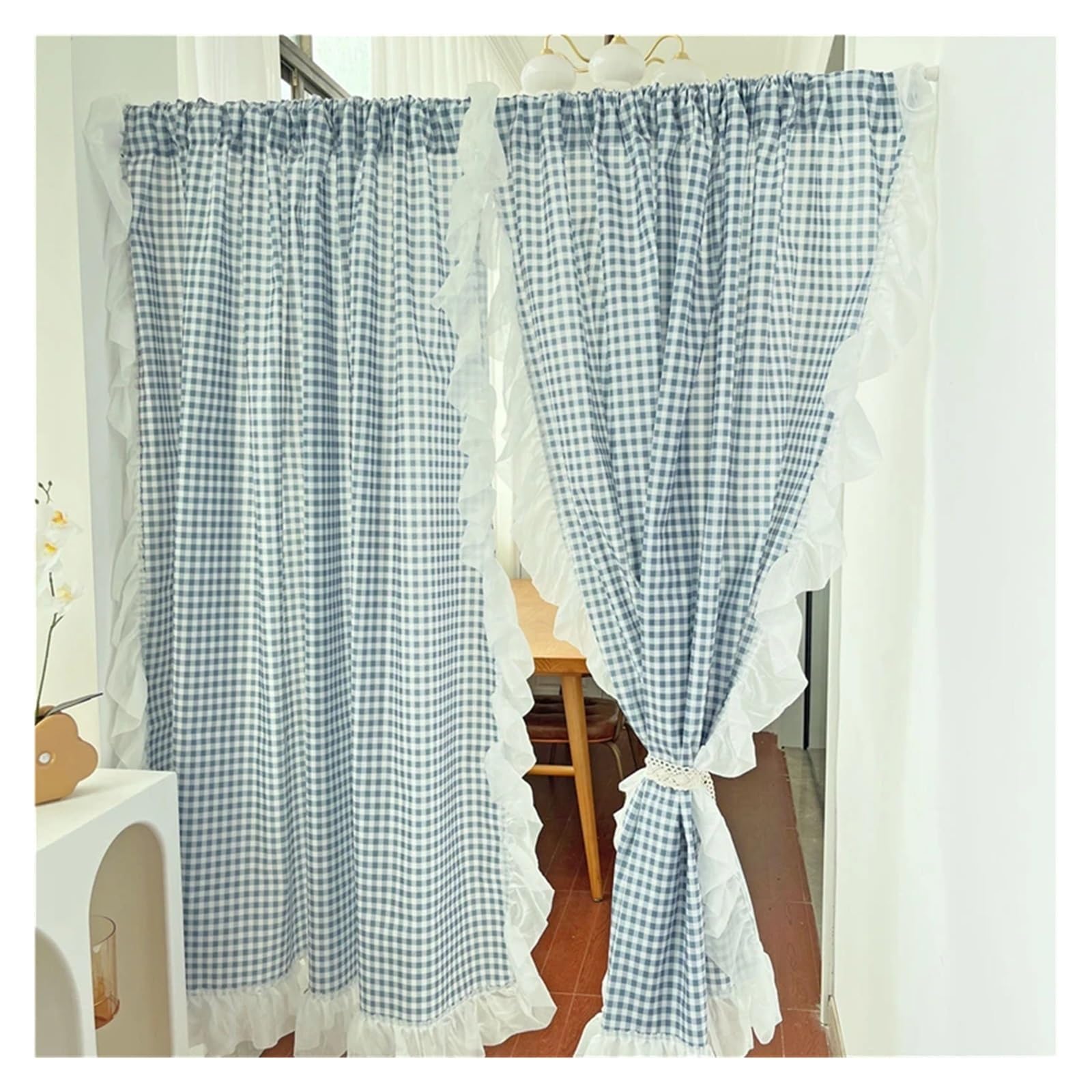 DFGRGRV Ruffle Curtains Yellow/Pink/Green/Blue Lattice Door Curtains for Living Room Japanese Lace Ruffled Plaid for Kitchen(SKY BLUE,W140 X H30 CM)