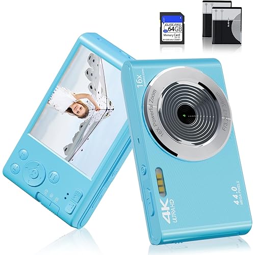 Digital Camera, FHD 1080P 44MP Digital Camera for Kids Video Camera with 64GB SD Card 16X Digital Zoom, Compact Point and Shoot Camera Portable for Kids Boys Girls Teens Students Seniors (Blue)
