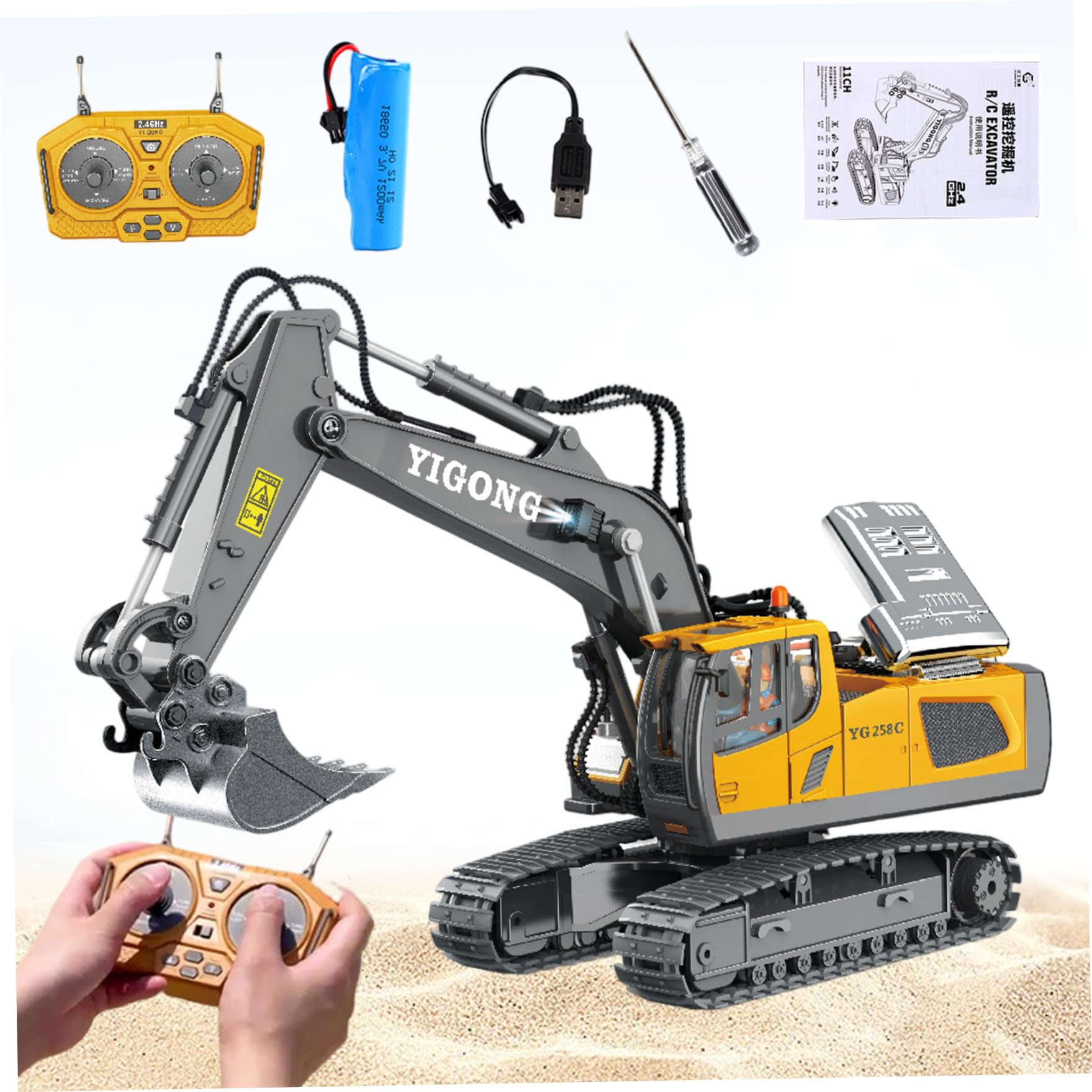 Toys de construction de excavatrice à distance pour garçons, excavatrice télécommandée, véhicules construction en alliage simulé électrique avec lumière et son, jouet rechargeable résistant aux ch