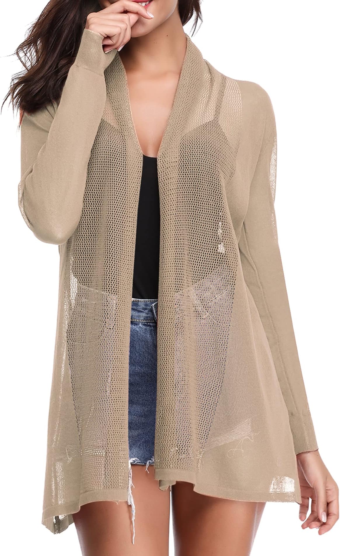 Womens Summer Lightweight Sheer Kimono Cardigan Long Sleeve Open Front Knit Sweater Loose Cover Up Casual Blouse Top