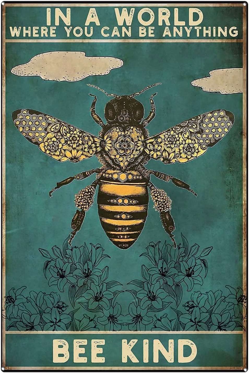 Tin Sign Retro Metal Sign Bee Kind Signs Floral Art Signs of Bees Art Signs On The Wall Vintage Metal Tin SignMetal Plaque Metal Vintage Tin Signs for Bathroom 8x12 Inch