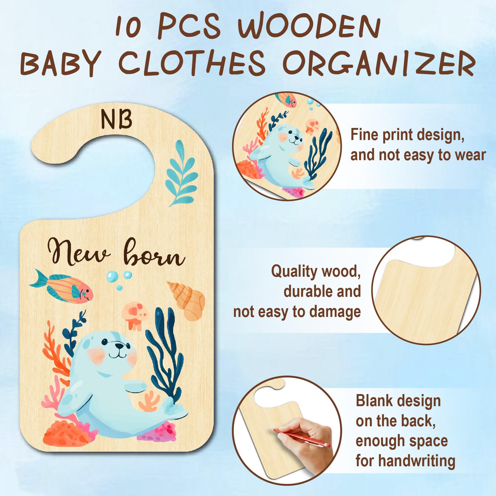 CRASPIRE 10Pcs Closet Dividers Catton Cute Ocean Animal Double Sided Wooden Hanging Organizer Sign Cloth Size Dividers Newborn Stuff 24 Months Toddler for Nursery Beautiful Decor Shower Home - Image 3
