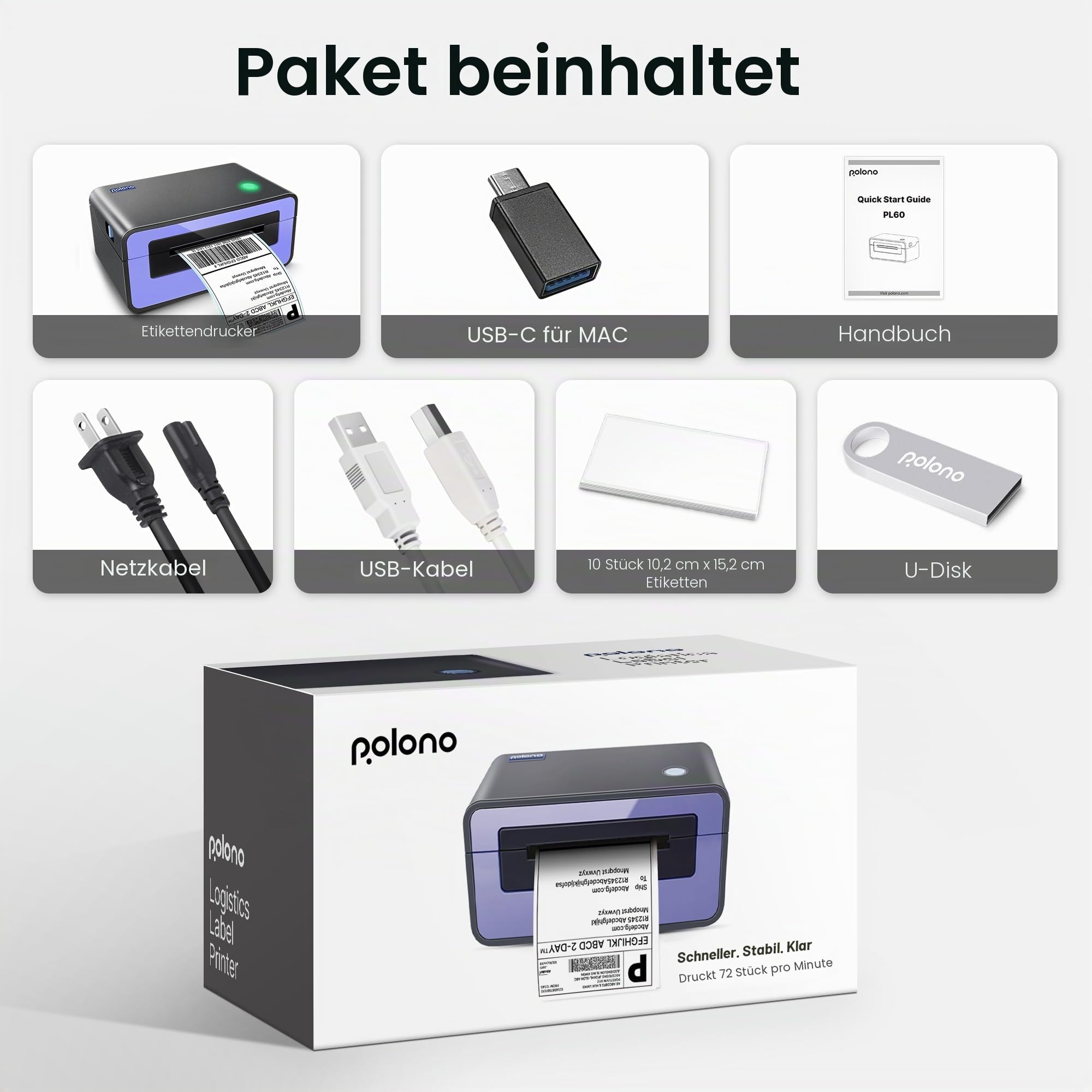 POLONO Etikettendrucker, DHL Thermodrucker Labeldrucker, Label Printer Thermodrucker Desktop Etikettendruck für Amazon, Ebay, Etsy & Shopify, DHL ups USB Mac/PC Count, Lila