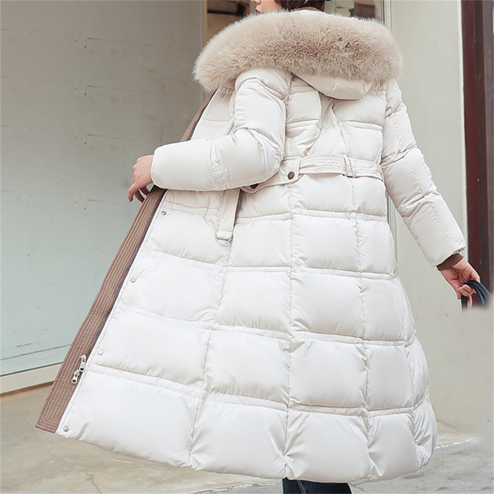 Generisch Langer Winter-Puffermantel für Damen, warm, Maxi-Daunenjacke, künstliche abnehmbare Kapuze, Parka, Winter, Dicker Puffermantel, warme Tragejacke Softshell