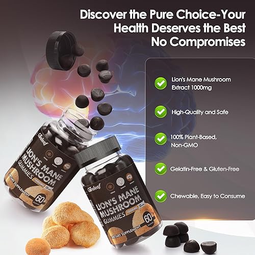 Miniatura 5 de Lions Mane - Gomitas de hongos para suplemento cerebral nootrópico, apoyo inmunológico, suplemento de hongos para aliviar el estrés, sabor a bayas