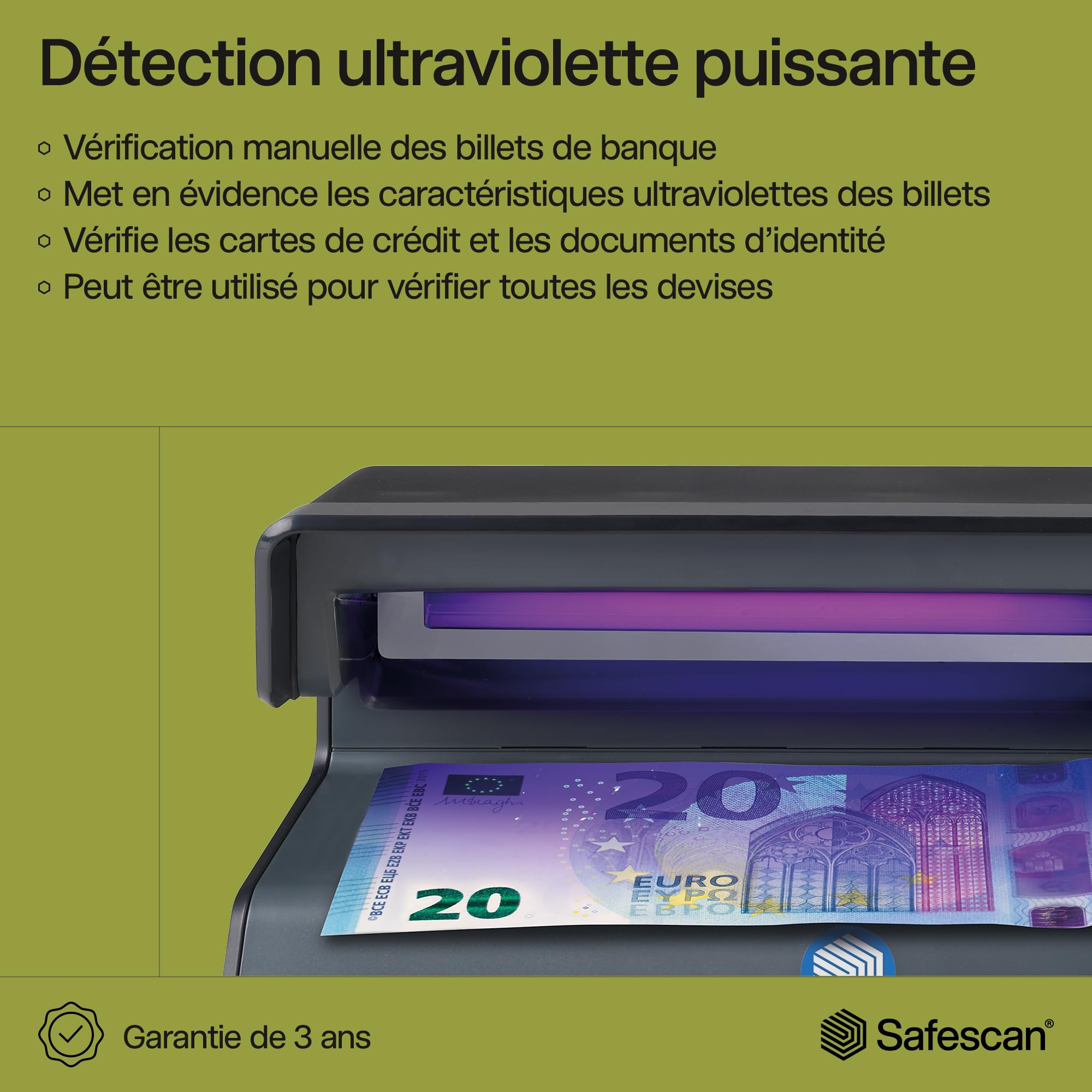 Safescan 50 Noir - Détecteur de faux billets UV pour la vérification des billets de banque, des cartes de crédit et cartes d'identité, 131-0397