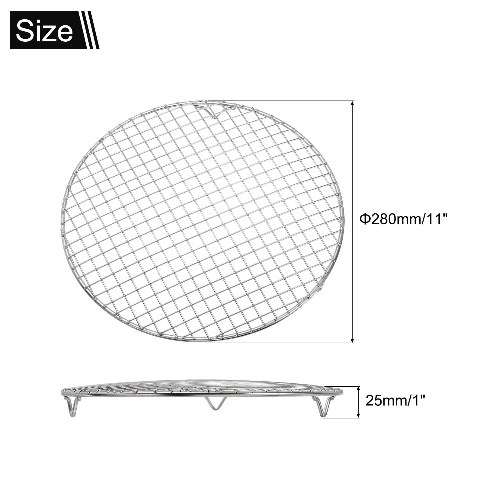 uxcell Round Cooking Rack with Legs, Dia 11 Inch 304 Stainless Steel Barbecue Grill for Cooking Baking Barbecue Air Fryer Racks, Silver