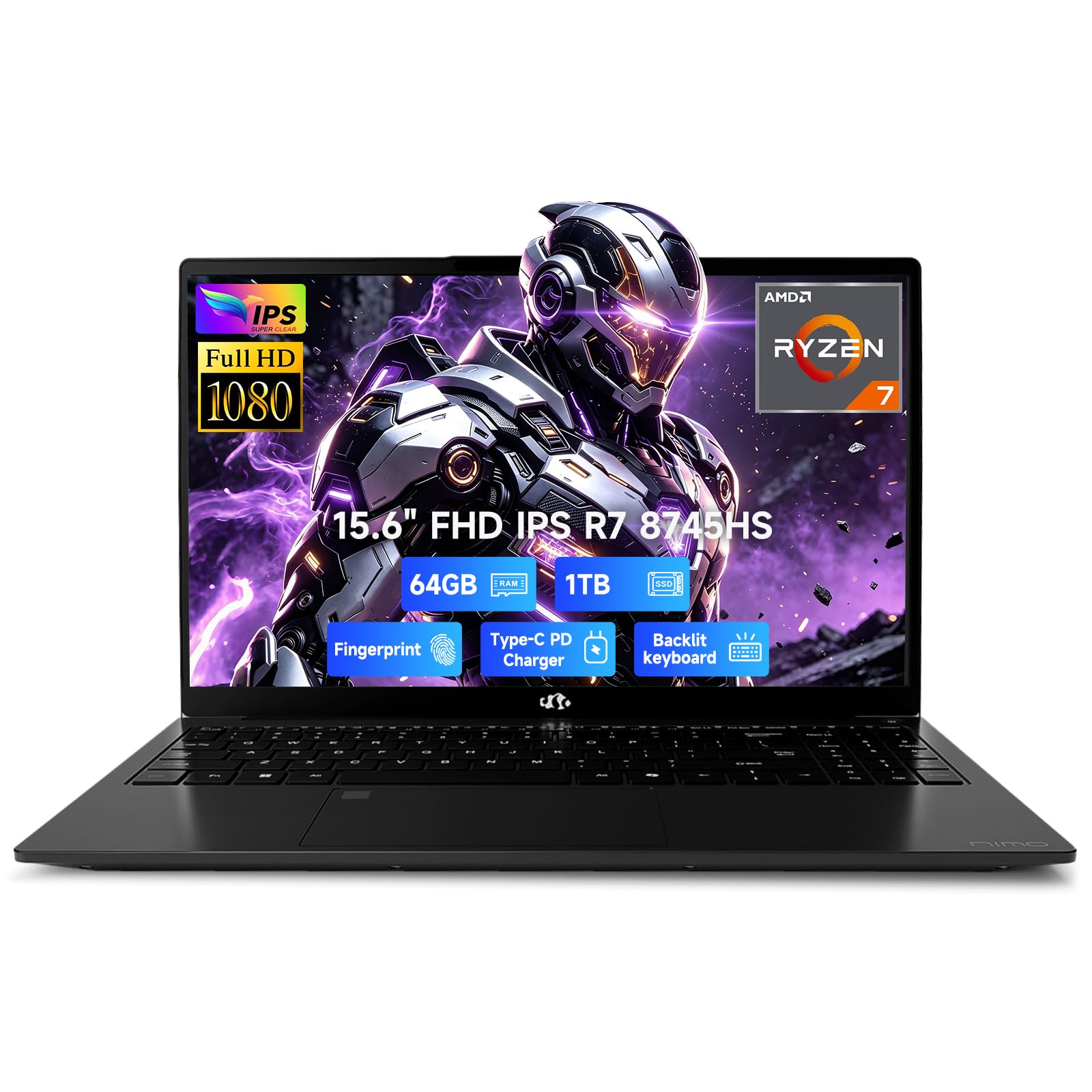 AI-Productivity Light Gaming-Laptop AMD Ryzen 7 8745HS 64GB DDR5 1TB SSD | Radeon 780M (Beat R9 7940HS), 15.6” FHD USB4 100W PD for Creative Projects, College Creators & AI Work, 2Yr-Warranty Black 64GB RAM | 1TB SSD