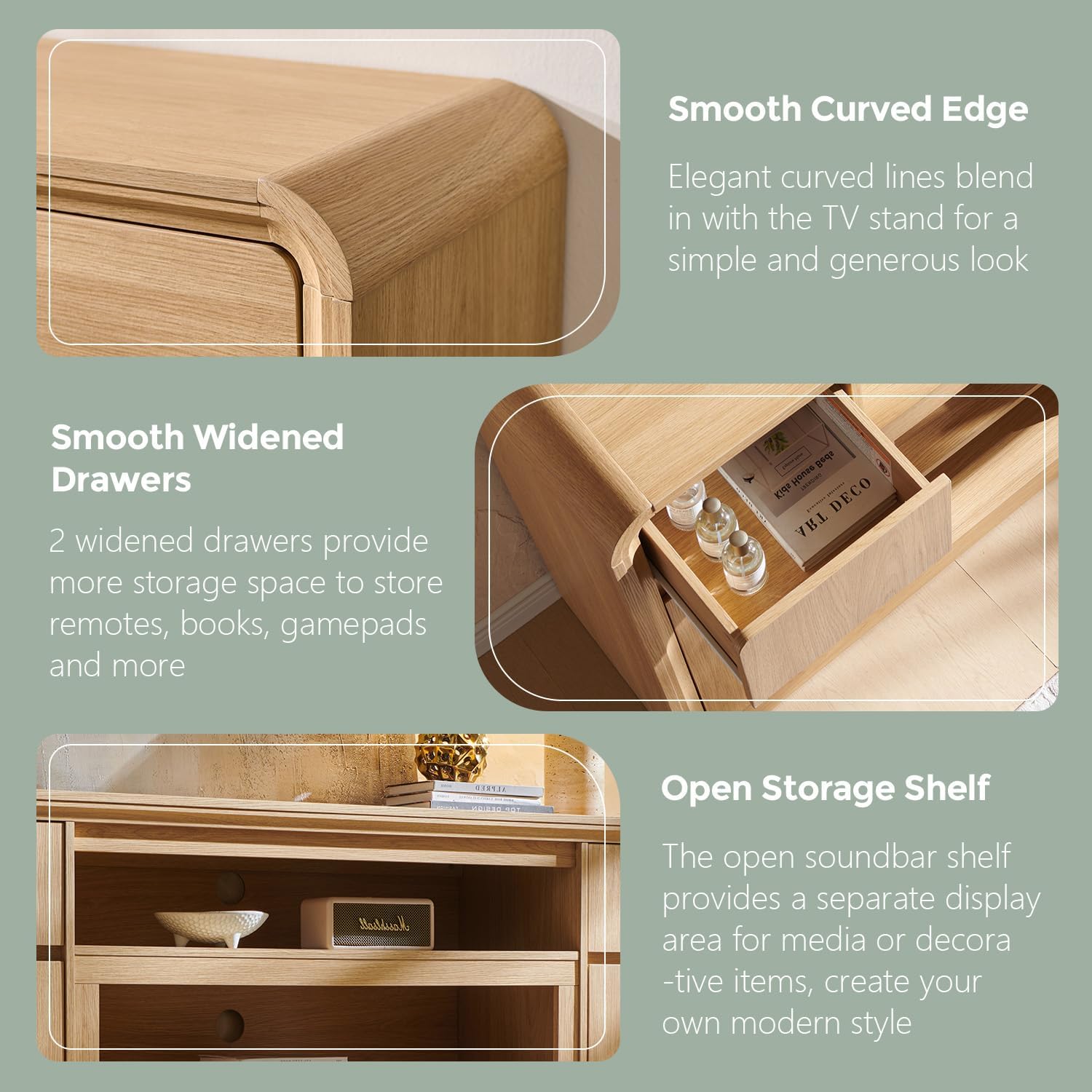 Modern TV Stand for 80 Inch TVs, 32"Tall Entertainment Center w/Storage Cabinet& drawers, Media Console Cabinet w/Soundbar &Adjustable Shelves for Living Room, Curved Profile Design, 70 inch (Natural) - Image 5