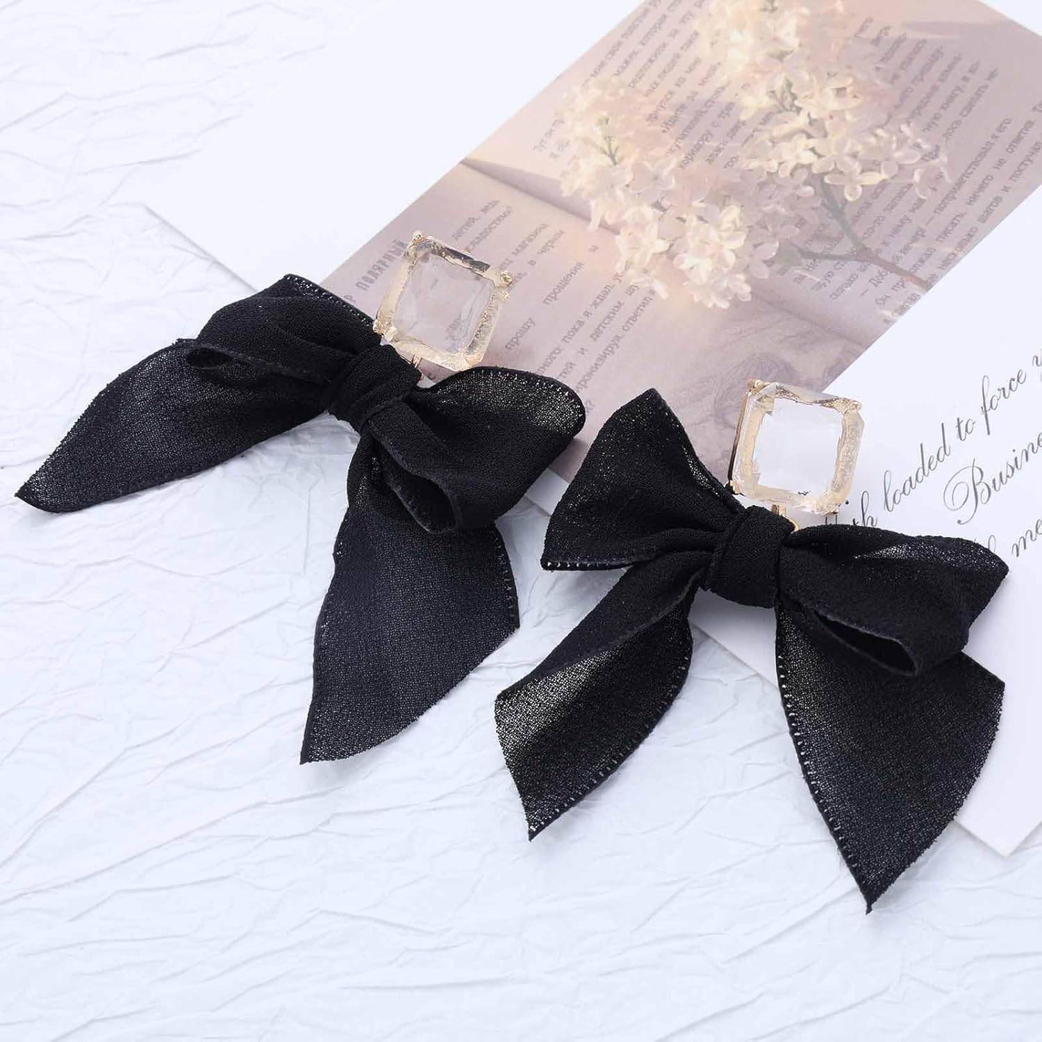 Vintage Crystal Square Earrings Black Ribbon Bow Drop Earrings Boho Cz Bowknot Stud Earrings Black Large Silk Bow Earrings Rhinestone Square Earrings Jewelry for Women - Image 6