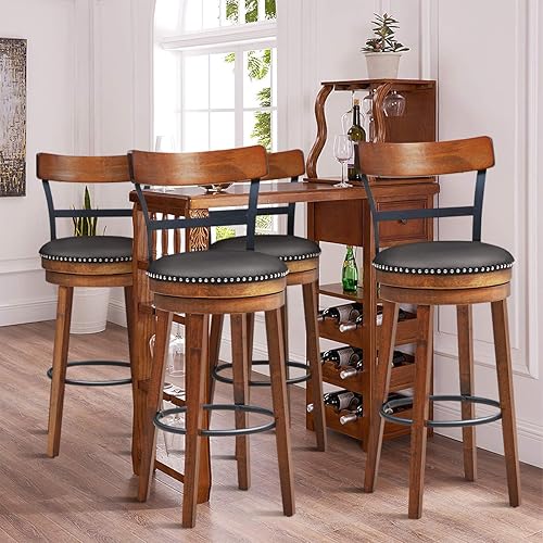 Miniatura 21 de COSTWAY Juego de 2 taburetes de bar, taburetes giratorios de 360 grados con asiento acolchado de cuero, respaldo de escalera de un solo listón y