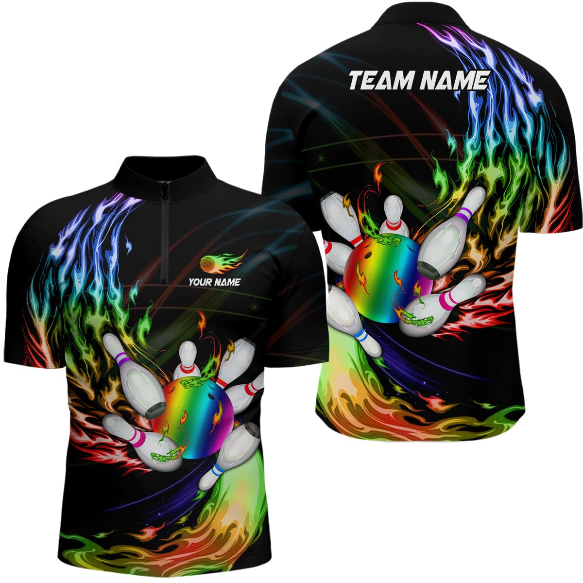 Herren & Damen Polo & Quater Zip Bowling Shirt mit Regenbogenflamme, Bowlingkugel und Pins, Custom Team-Liga-Trikot N6807