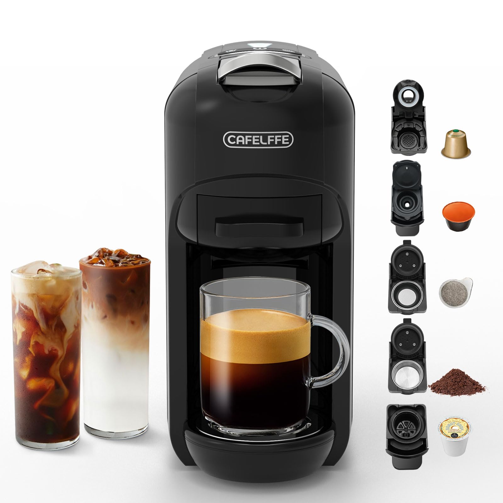CAFELFFE MK-606 ekspres do kawy na kapsułki 5 w 19 barów, ekspres do kawy na gorąco/zimno, kompatybilny z K-Cup/NES Original/DG/44 mm ESE kapsułkami i kawą mieloną, 7 poziomów wody