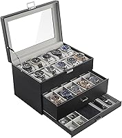 ProCase 20-Slot Watch Box for Men - 3-Layer Glass Lid Display Case with Drawer, PU Leather Jewelry Organizer for Watches, Straps & Rings - Black
