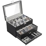 ProCase 20 Slot Watch Box for Men&comma; 3-Layer Watch Display Case with Glass Lid&comma; Watch Holder with Drawer&comma; Jewelry Storage Organizer for Watches Straps Rings -Black
