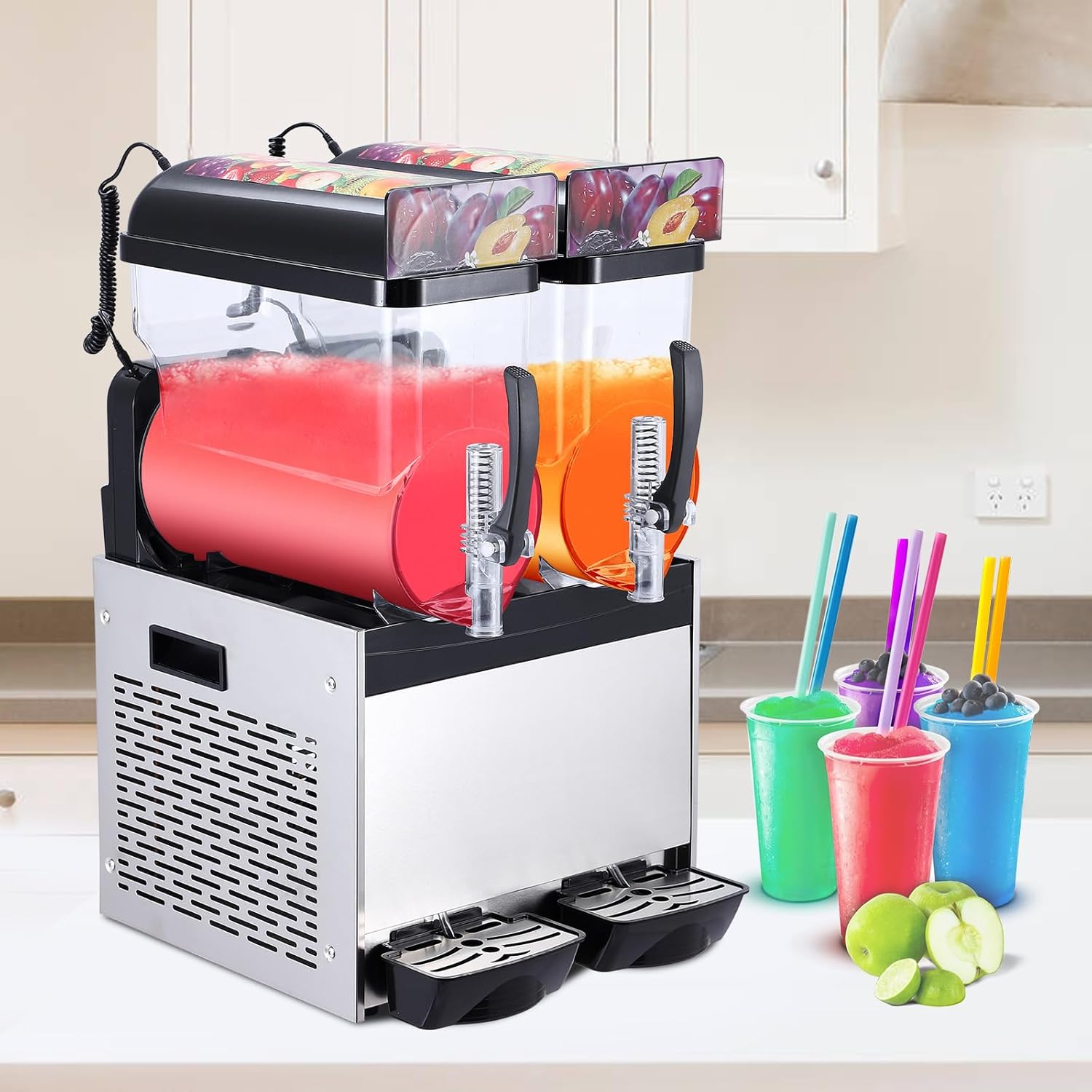 Commercial Slushy Machine, 15Lx2 Double Tank Margarita Machine, Stainless Steel High-Speed Self-Cleaning Frozen Drink Slushie Machine for Bars Restaurants Cafe Home Use