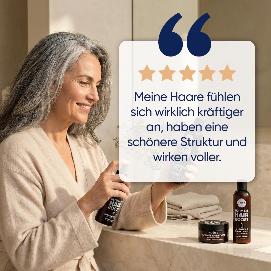 MOERIE Shampoo Set - gegen Haarausfall, Conditioner, Haarwachstum Serum & Haarmaske - natürlich Haarwachstum beschleunigen - Veganes Haarwuchsmittel Frauen & Männer - 77 Mineralien (4er-Set)