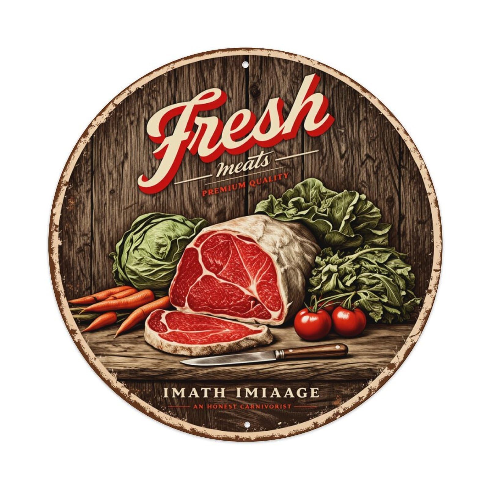 Fresh Meats Premium Quality Rustic Wood Round Tin Sign Vintage Metal Poster, Home Bar Garage Man Cave Cafe Indoor & Outdoor Wall Decoration 8x8Inches