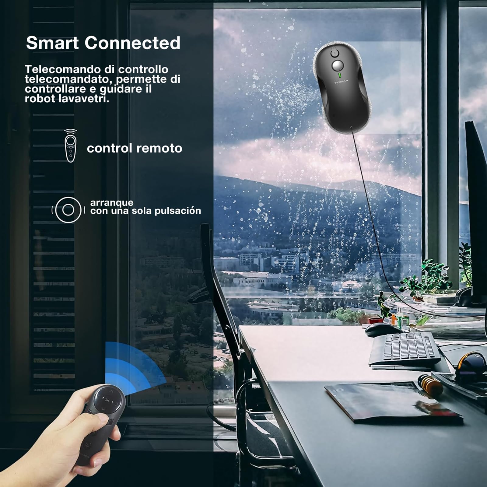 Tosima Robot Limpiacristales, Robot Limpieza de Ventanas Electrico, Sistema de Seguridad, Navegación Inteligente, Control Remoto, para Todas Las Superficies Lisas, con 12 Trapo (W3, Black)