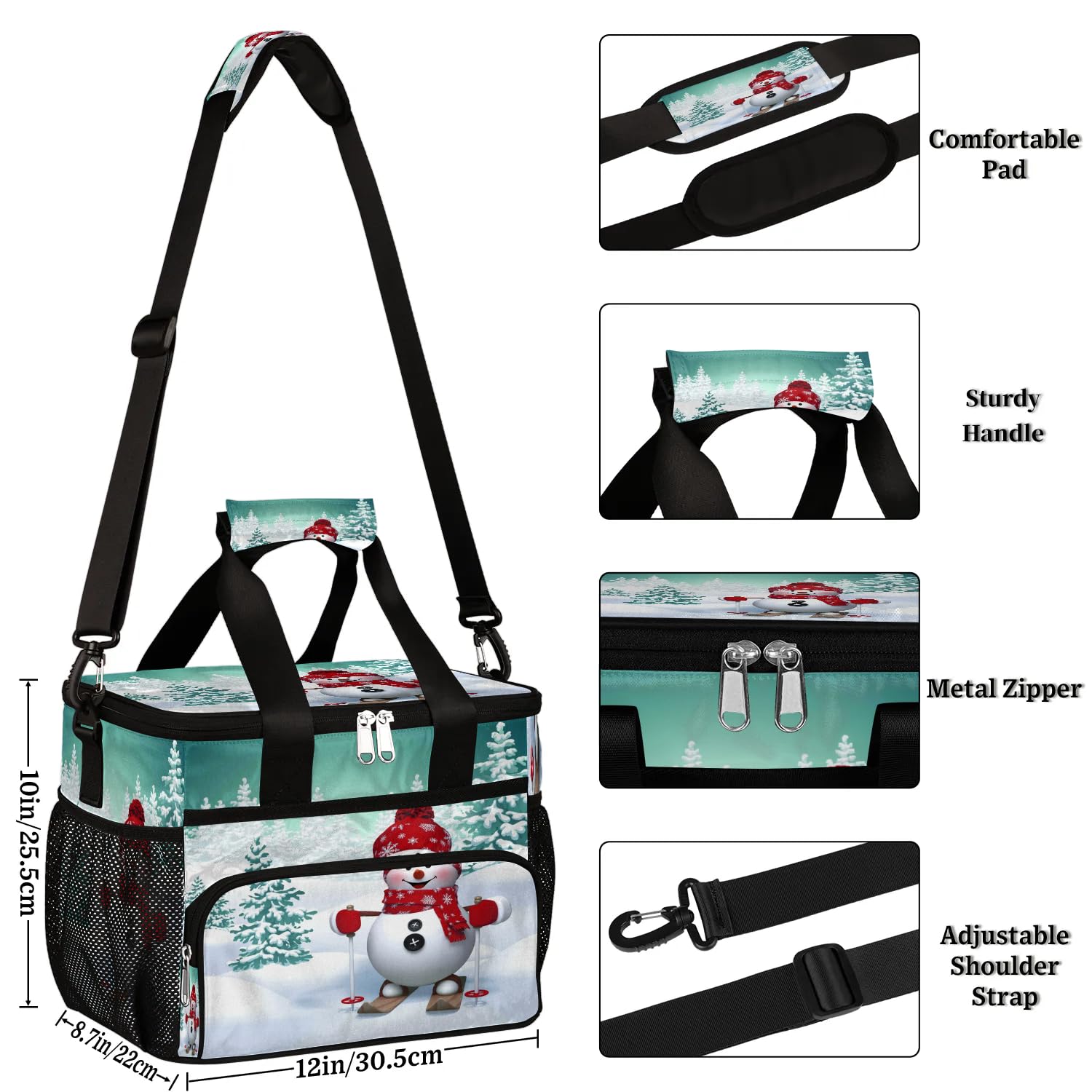 Große Lunchtasche mit weihnachtlichem Schneemann, für Erwachsene, Herren, Damen, Kinder, Mädchen, Jungen, Schneemann, Baum, Schneeflocke, isolierte Lunchbox, Kühltasche, Kühltasche, Kühltasche,