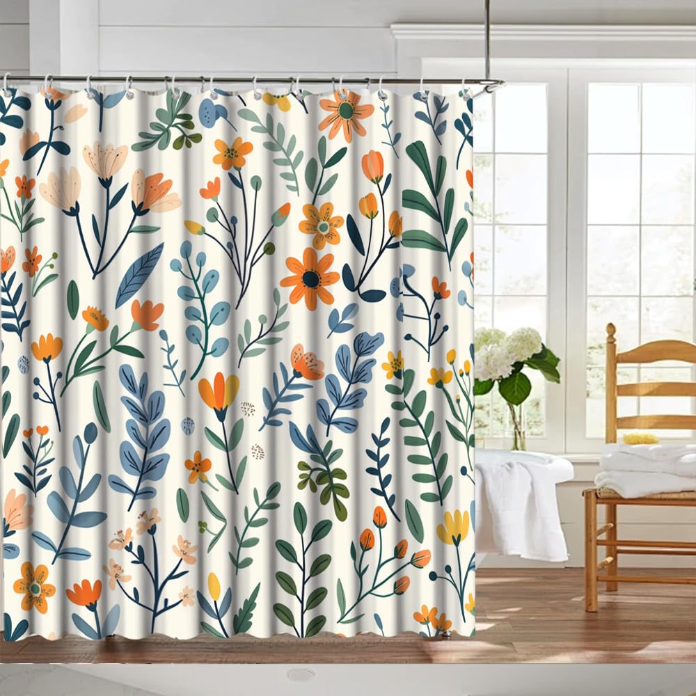 Großer Duschvorhang mit Wildblumenmuster,Beige,Weiß,Türkis,Blau,Senfgelb,Grün,Botanische Badezimmerdekoration (165 x 165 cm / 65 x 65 Zoll (B x H)