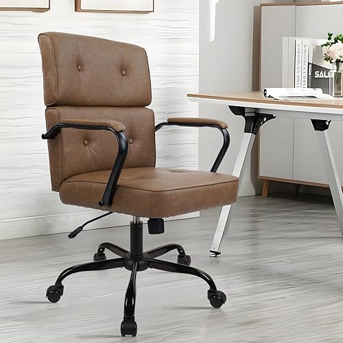 Miniatura 8 de CLATINA Silla de oficina de cuero, sillas de escritorio con respaldo medio con ruedas y brazos, silla de computadora de mediados de siglo, silla de