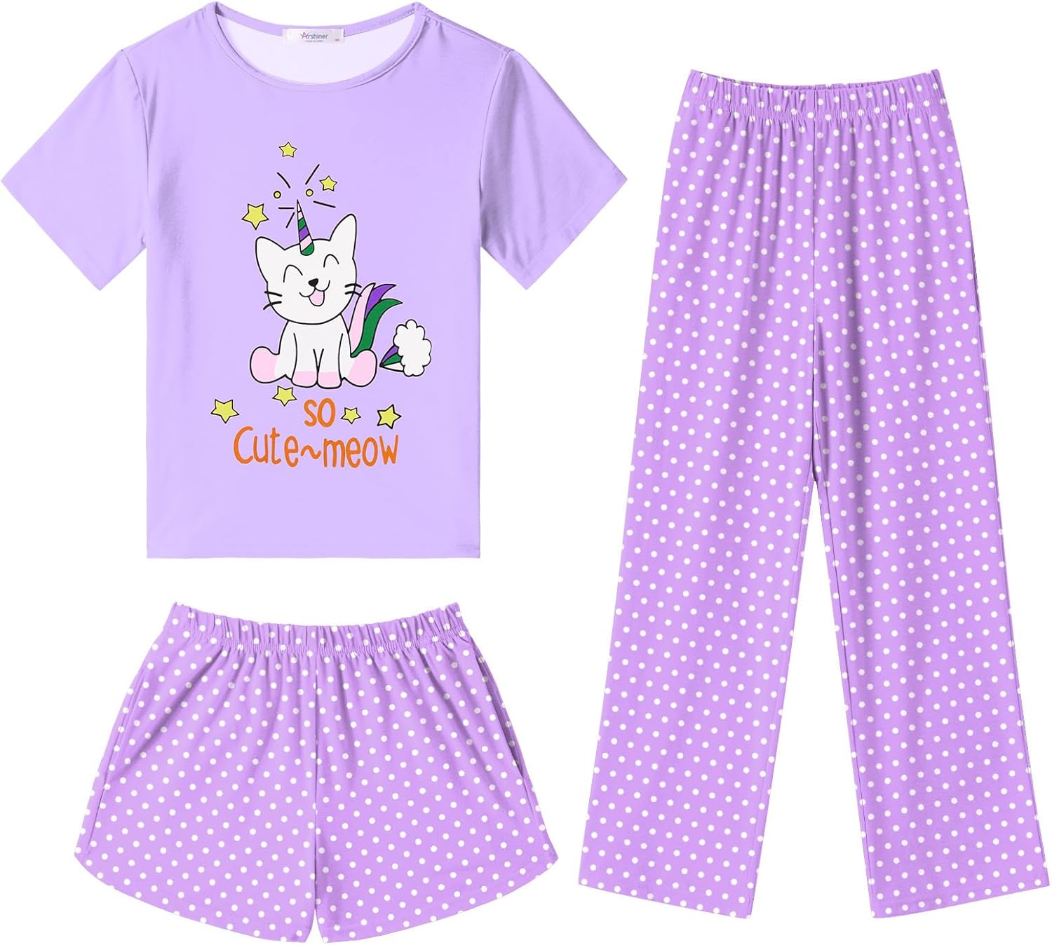 Arshiner Girls Pajama Set 3 Piece Short Sleeve Sleepwear Summer Soft Cute Pjs Outfits
