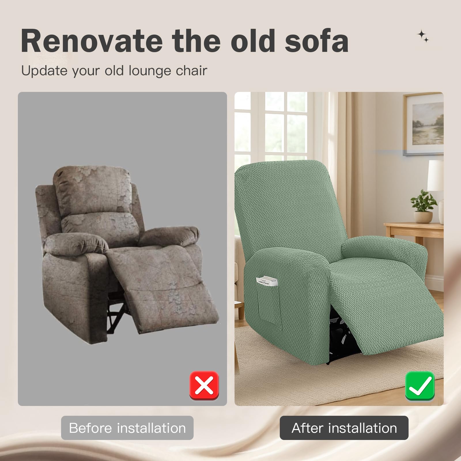 Funda Sillon Relax Reclinable 1 Plaza, Funda Sofa Relax con Bolsillos, Fundas Elástica de Jacquard a Rayas Diseño Todo Incluido para Sillón Reclinable (Verde Pino)