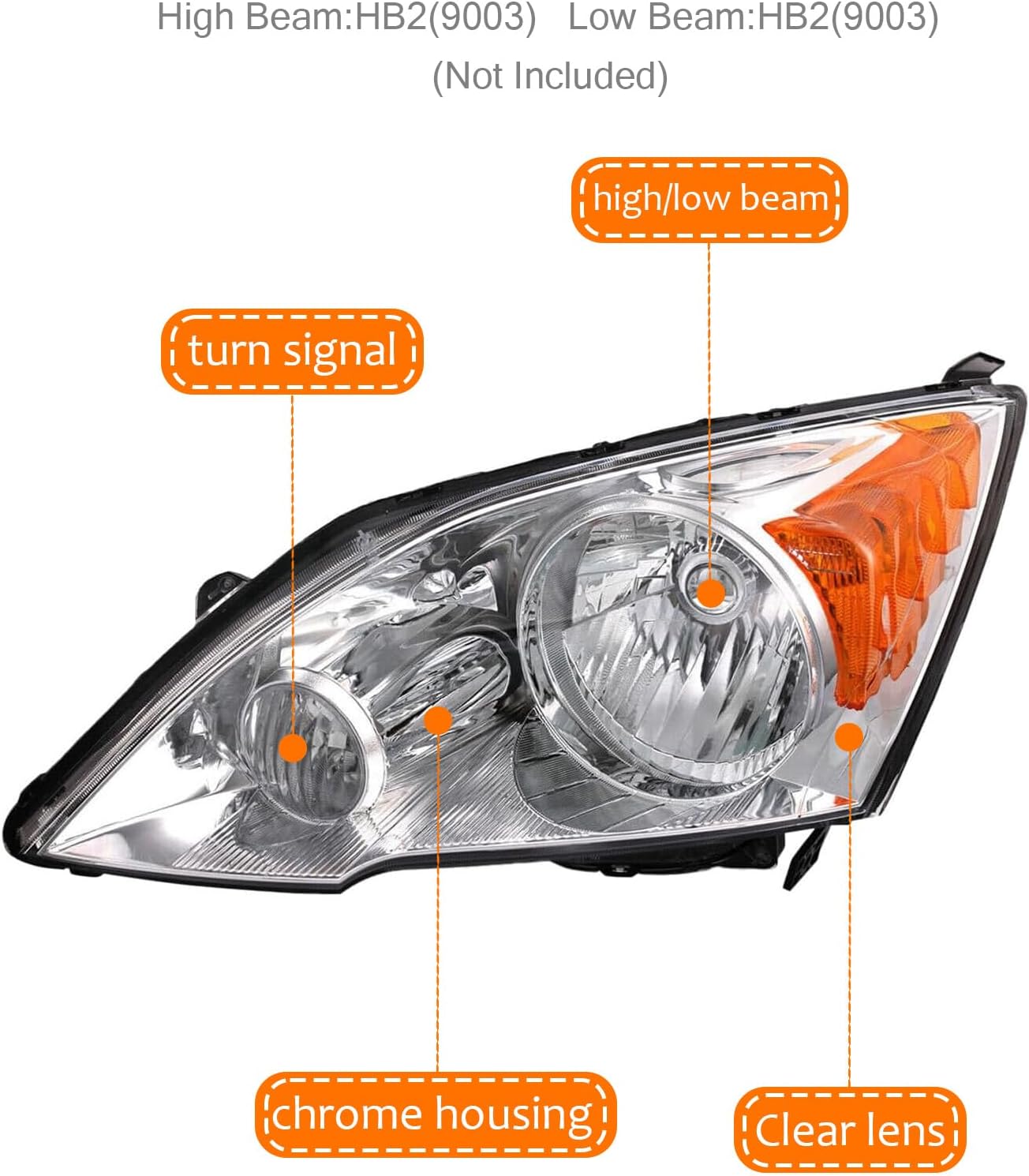 Headlight Assembly Fit for 2007-2011 Honda CR-V,Halogen Headlamp Compatible with CRV 2007 2008 2009 2010 2011 Chrome Housing Amber Reflector Replacement Driver Passenger Side