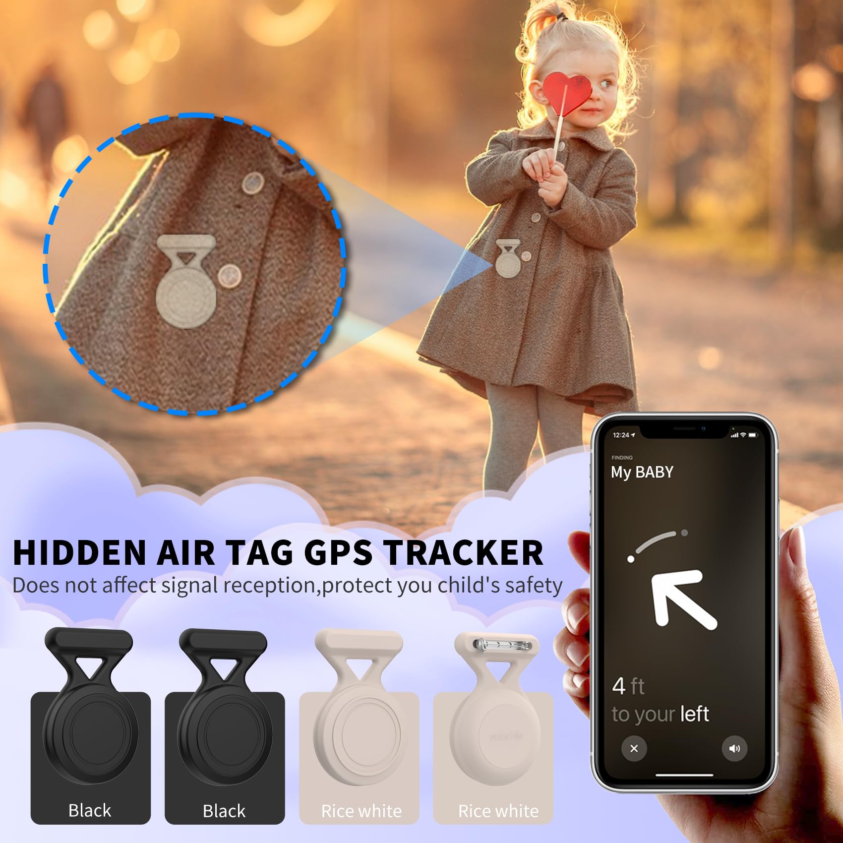 FGERWZ Hidden Airtag Holder for Kids - 4 Pack Apple Air Tag Holder Case Waterproof Soft Silicone, Safety Pin GPS Tracker Hidden Inside Kids Elderly Clothes, Backpack, Shoe or Luggage