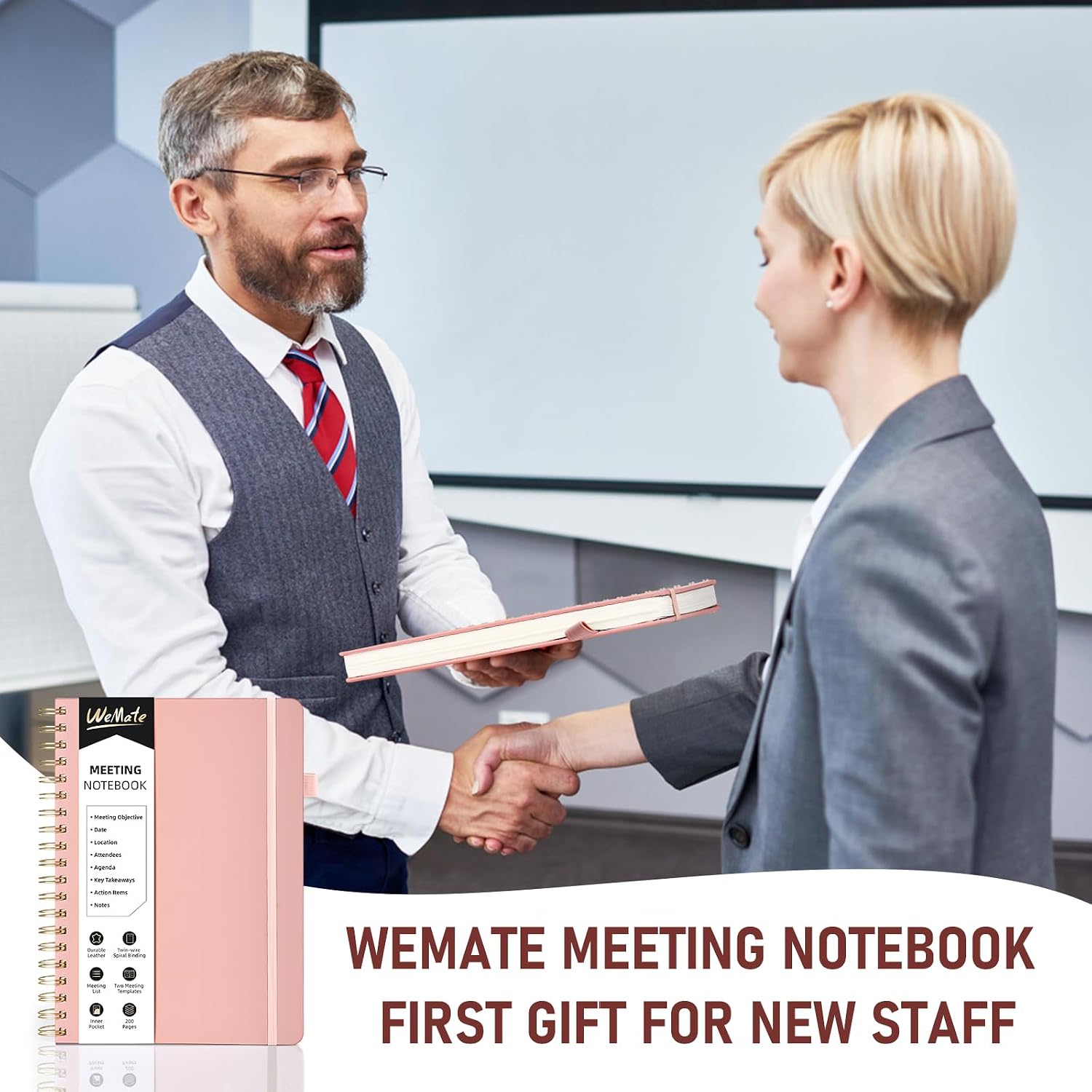 WEMATE Meeting Notebook for Work B5 (7"x10") - PU Leather Work Notebook with Agenda, Action Items & Notes - 200 Pages for Men&Women, Staff and Students, Meeting, Projects Planning -Rose Gold image 5