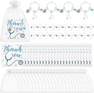 Sureio 24 Sets Vet Tech Week Gifts Bulk Veterinarian Appreciation Gifts Veterinary Tech Keychains Keyring with Thank You Cards Organza Bags for Animal Rescue Technician Assistant Medicine Party Favor