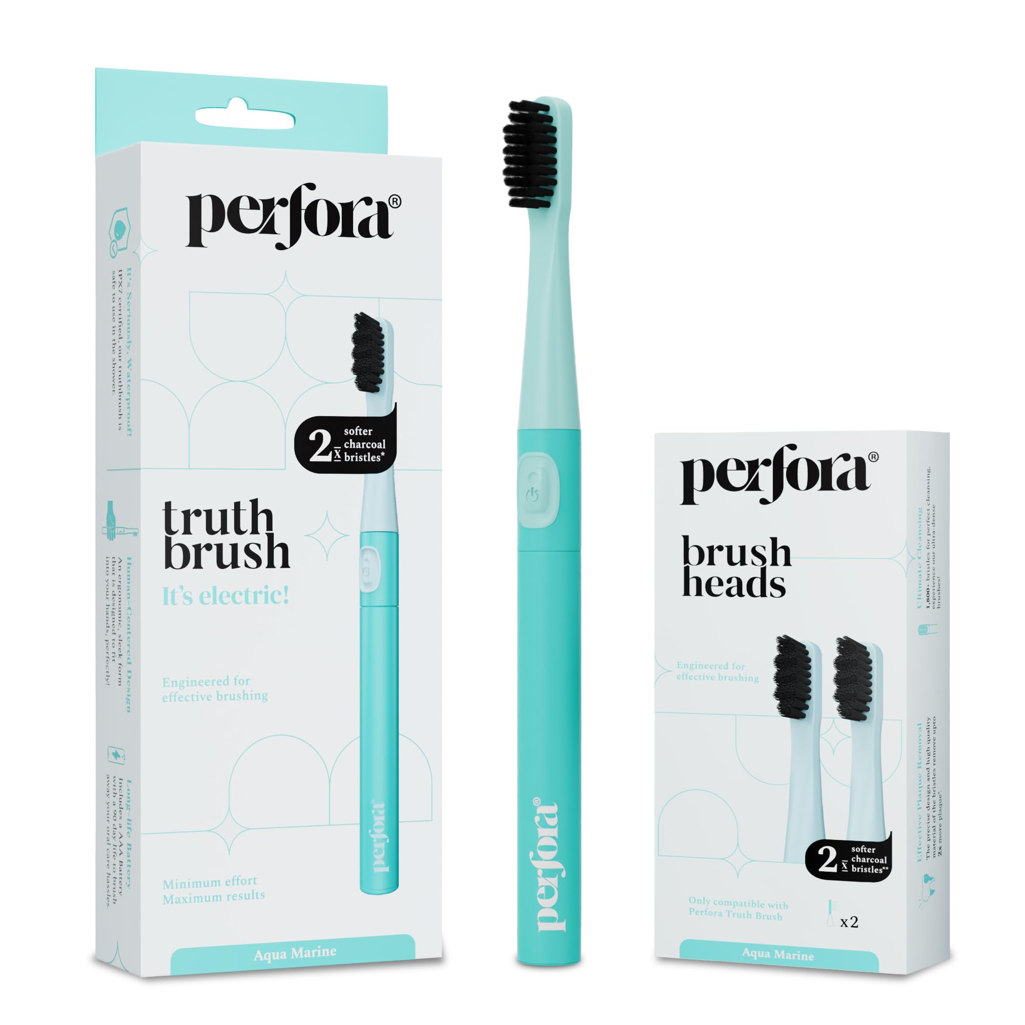 perfora electric toothbrush with extraa brush head set | 2 modes, 3 brush heads, 24000 strokes, 90 days battery life | 1 year warranty | electric brush for men, women & kids - aqua