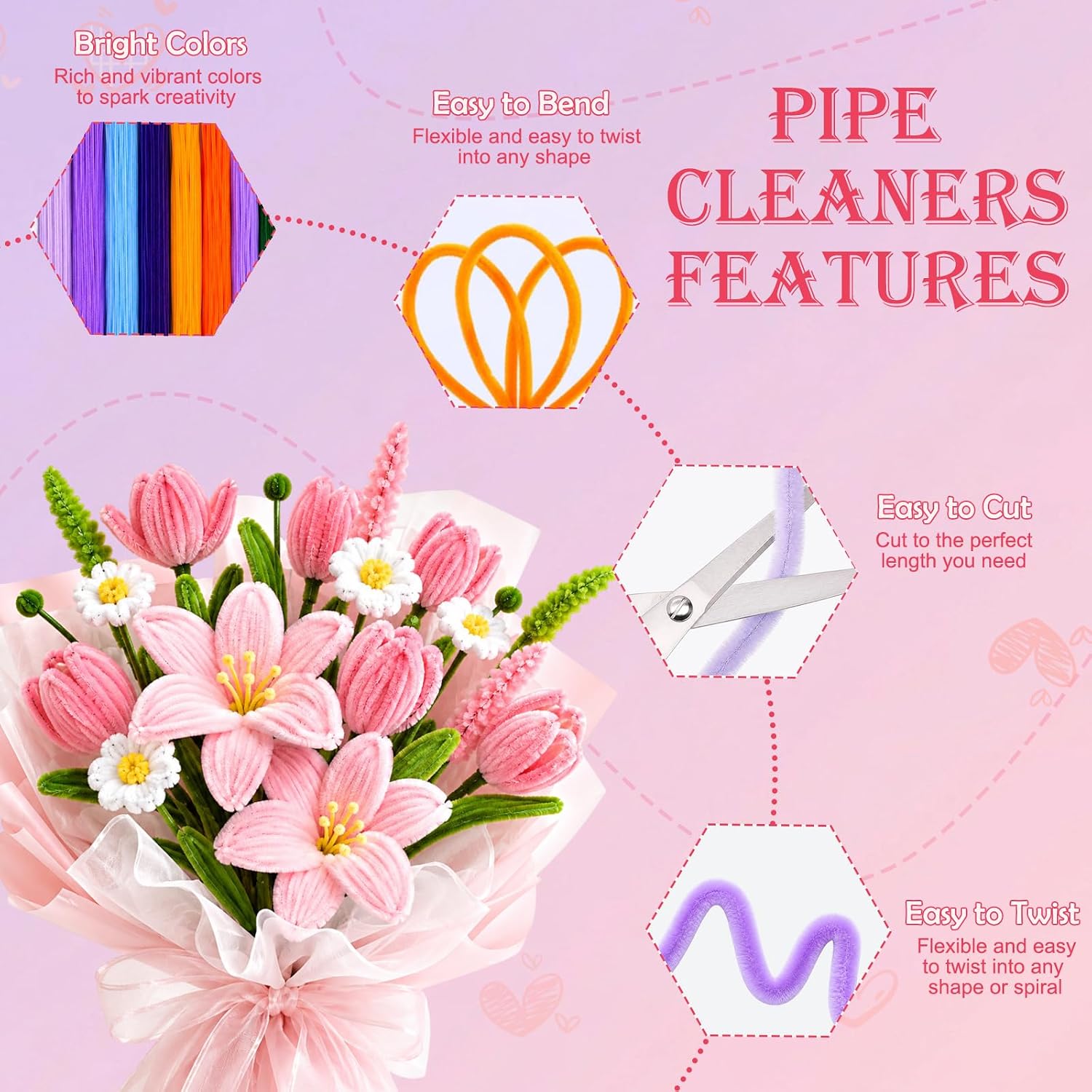800 PCS Pipe Cleaners Craft, Pipe Cleaners Flowers Kit DIY Pipe Cleaners Bulk Craft Bouquet Making Kit with 13 Colors Chenille Stems, Floral Wires, Stamen, Ribbon, Instruction, Art and Craft Supplies