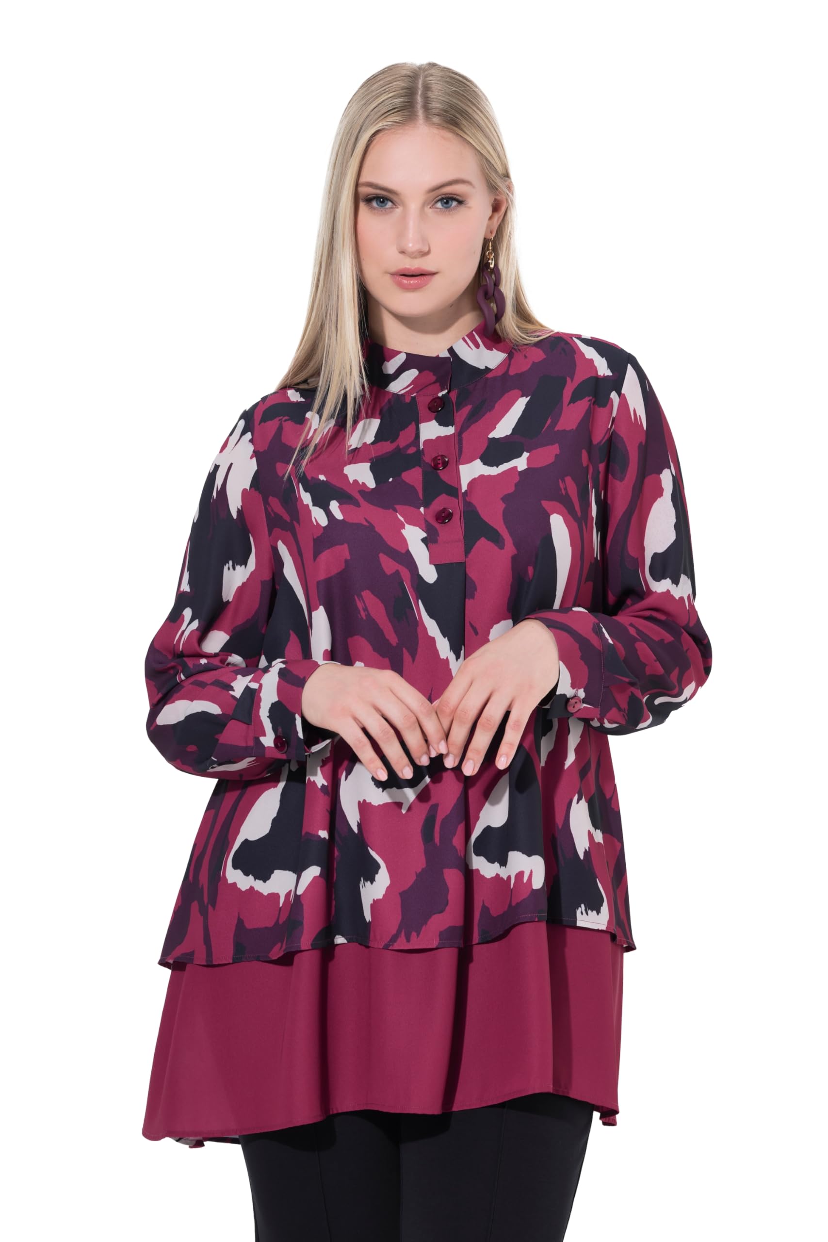 Ulla Popken Damen große Größen Übergrößen Plus Size Tunika, vorne doppellagig, A-Linie, Stehkragen, Langarm 843589