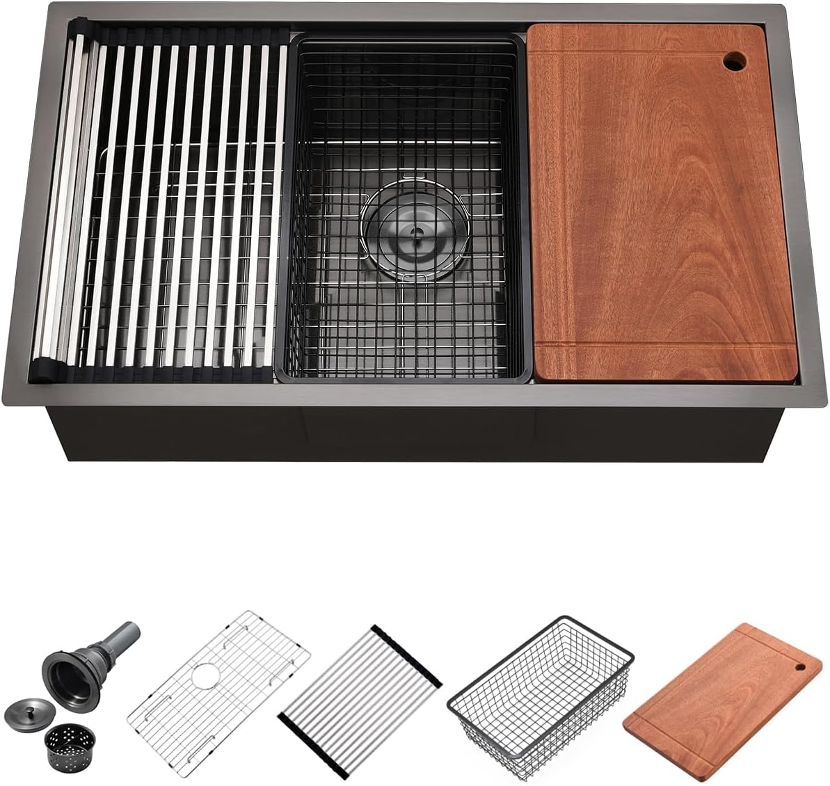 32 Black Undermount Workstation Kitchen Sink, Luckyhorse 32x19x10 Inches 16 Gauge Black Stainless Steel Undermount Workstation Single Bowl Kitchen Sink LH014S