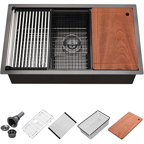 32 Black Undermount Workstation Kitchen Sink, Luckyhorse 32x19x10 Inches 16 Gauge Black Stainless Steel Undermount Workstation Single Bowl Kitchen Sink LH014S