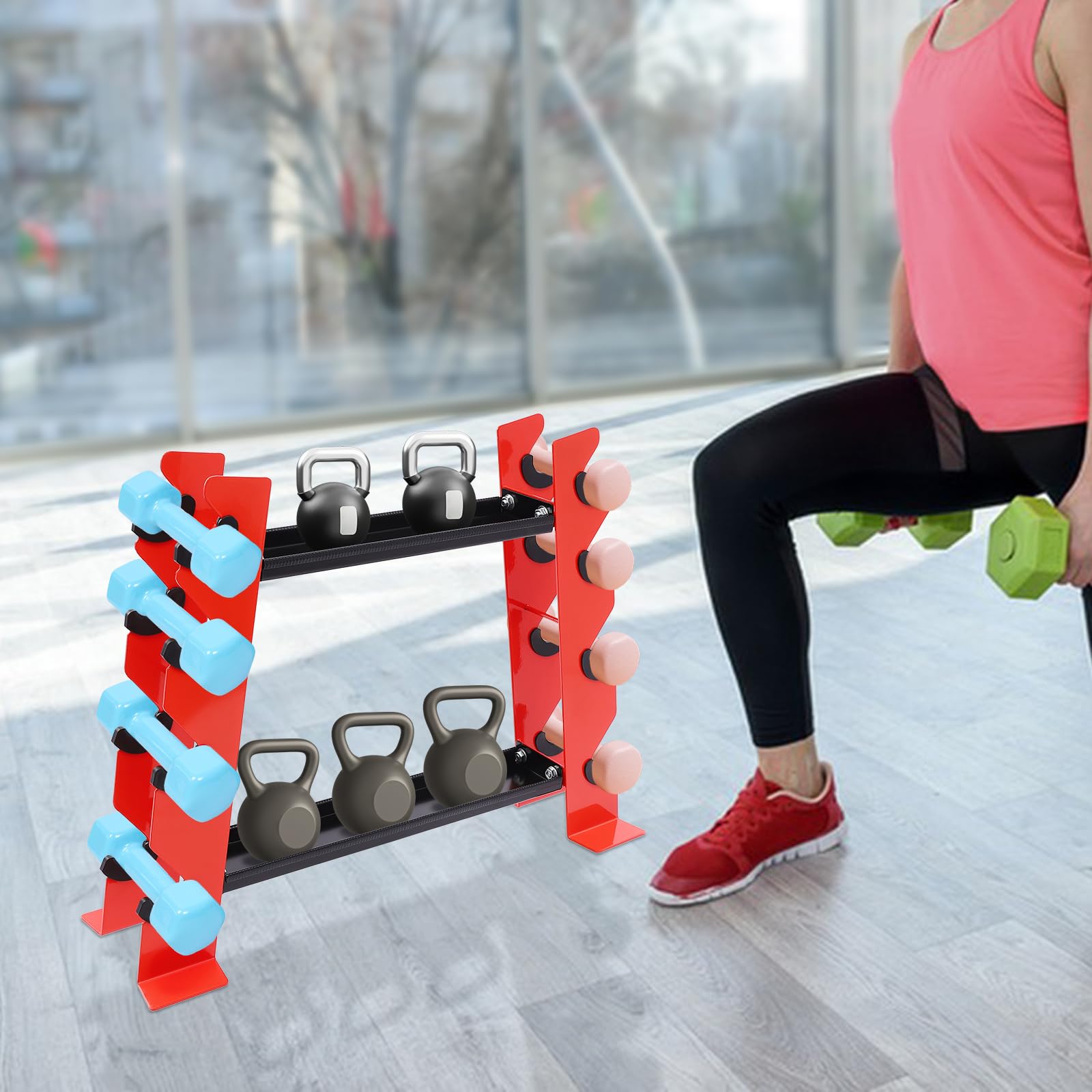 Supporto multifunzione per manubri, robusto supporto per manubri con 8 ripiani laterali + 2 ripiani centrali, portata 150 kg, anelli di protezione in gomma e design salvaspazio per casa, palestra