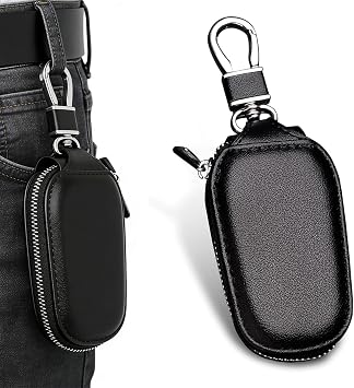 Leather Car Key Fob Case, Anti-scratch Key Protector, Portable Bag with Zipper & Hook, for Men & Women Black