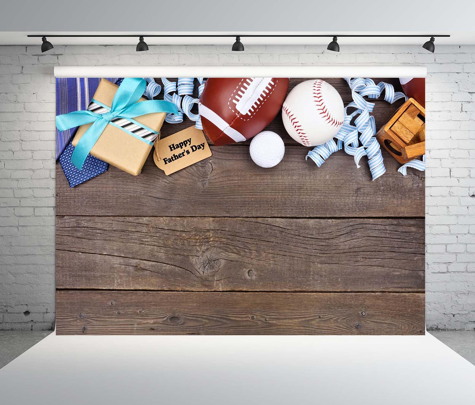 BELECO 6x3m Sfondo in tessuto Buona festa del papà | Regali cravatta blu palline sportive su tavolo legno sfondo festa papà grazie papà accessori foto