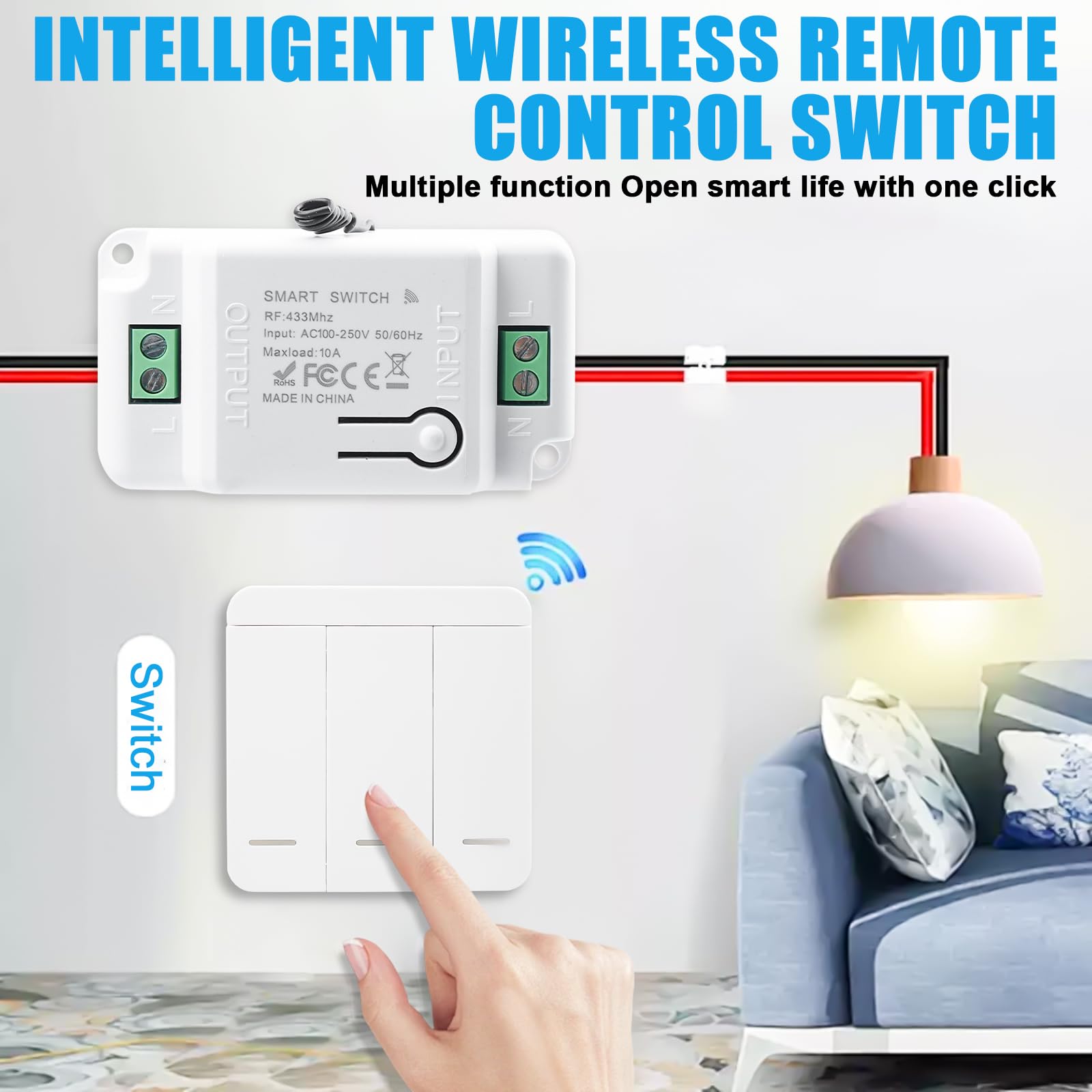 Juego de 2 interruptores de luz inalámbricos, 230 V, 10 A, con control de 3 receptores, interruptor de pared inalámbrico de hasta 50 m de alcance, 200 – 2000 W, no requiere cableado