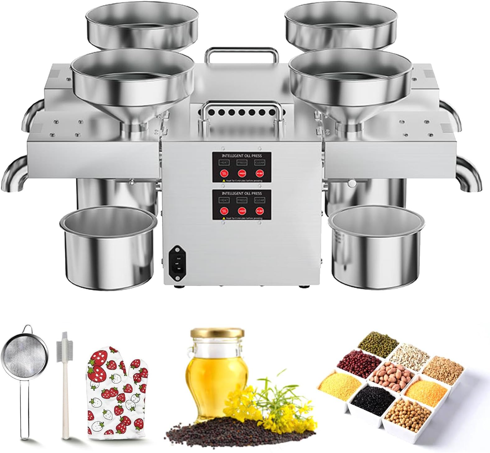 4-in-1 Electric Oil Press Machine with Control Panel, Cold/Hot Press Oil Extractor - 12-25 kg/h Output, 0.3-1.2 kWh, for Kitchen, Market, Restaurant