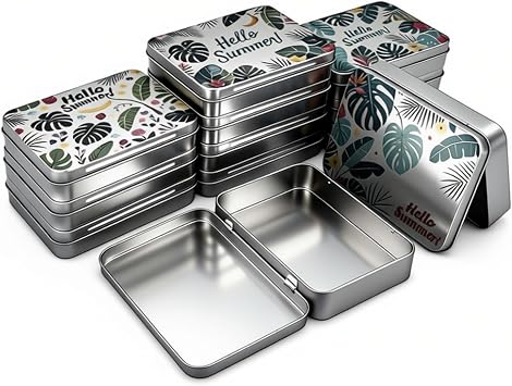 Goodma 12 Pack Empty Rectangular Silver Metal Tins Storage Organizer Gift Boxes with Hello Summer Themed Image Pattern on the Lid, 4.5 x 3.3 x 0.9 inch