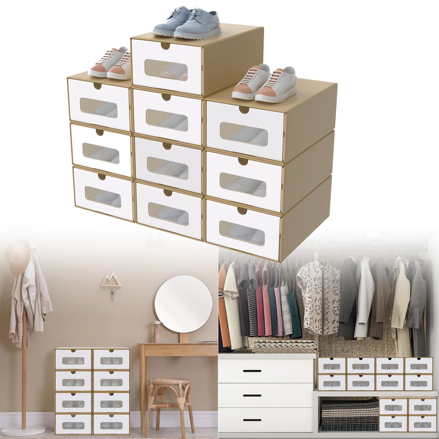 Set Di 10 Scatole Per Scarpe In Carta Kraft Con Finestra Trasparente, Impilabili, Fino A Taglia 46