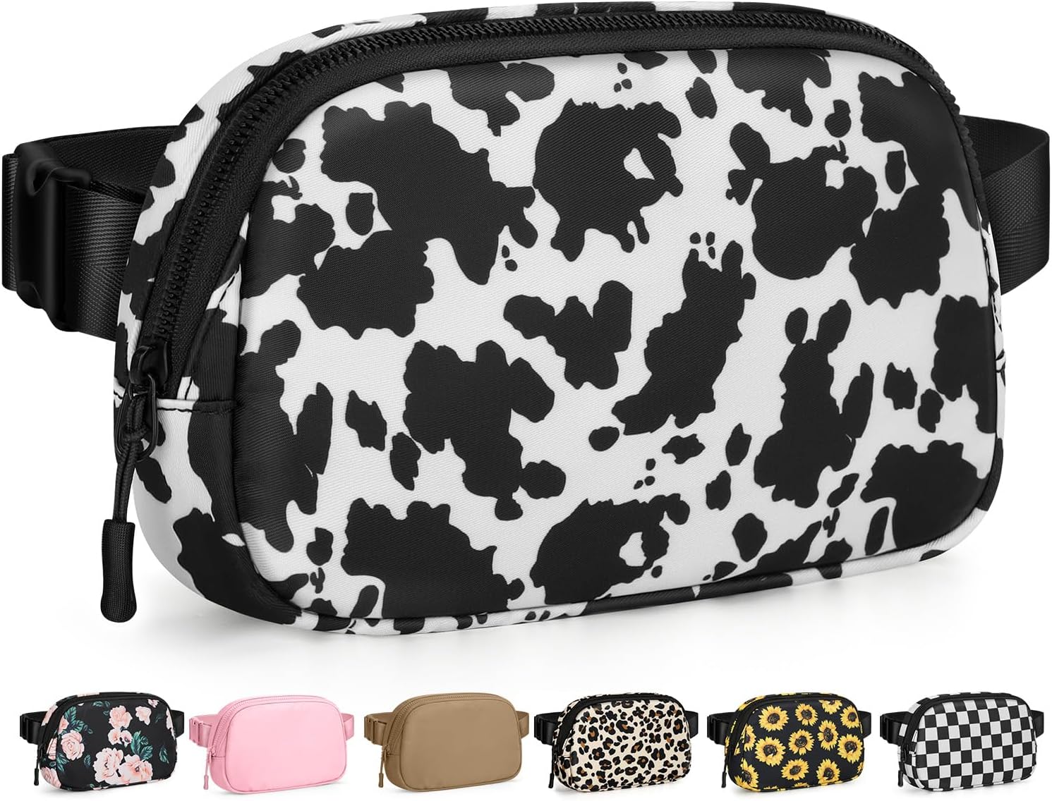 Pritent Fanny Packs for Women Cross Body Bag Waterproof Belt Bag with Adjustable Strap and Zipper Back Pocket Small Crossbody Bags Fashion Waist Packs for Workout Travelling(Cow Print)