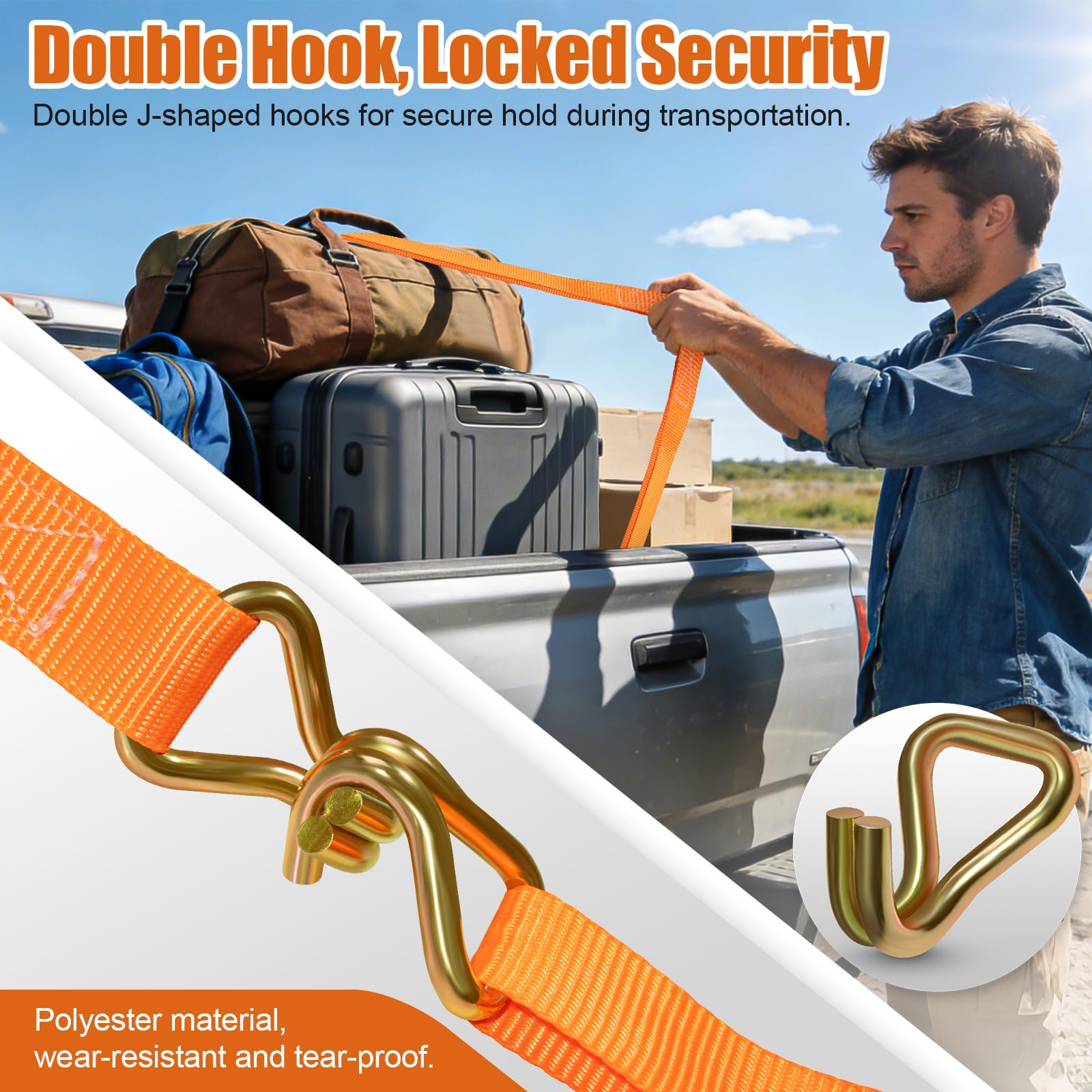 2 Stück Spanngurte mit Ratsche, 10m x 25mm Spanngurt J Haken, 1000kg Tragkraft Spanngurte, Duty für Motorräder, Auto, Anhänger, Ladungssicherung (Orange) - 4