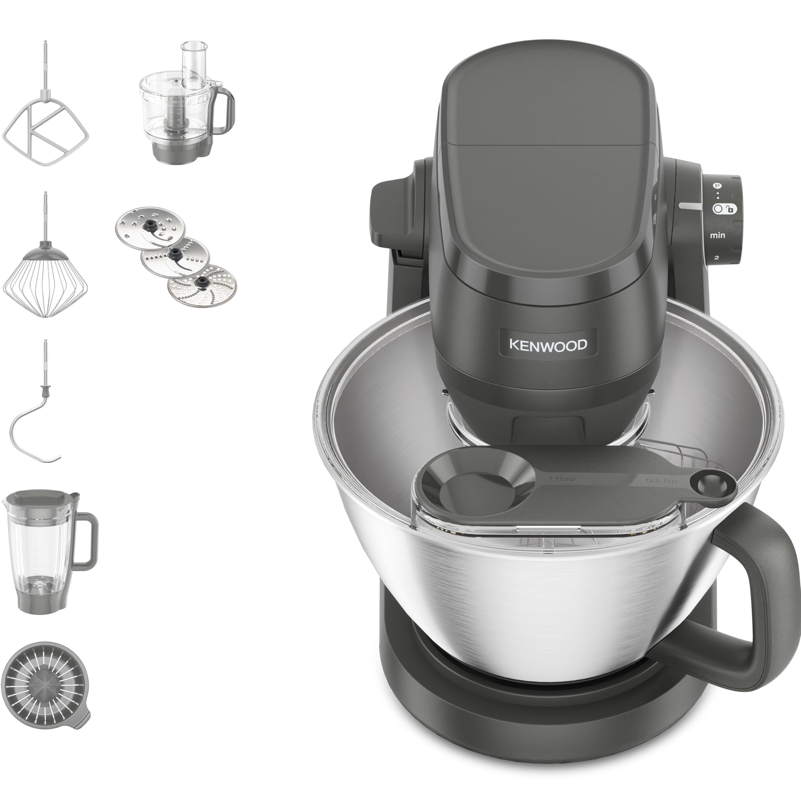Kenwood Wielofunkcyjny mikser planetarny z akcesoriami blendera, robotem kuchennym i wyciskaczem do owoców cytrusowych, 1,7 kg ciasta na chleb i pizzę, osłona z miarką, szara (KHC30.050GY)