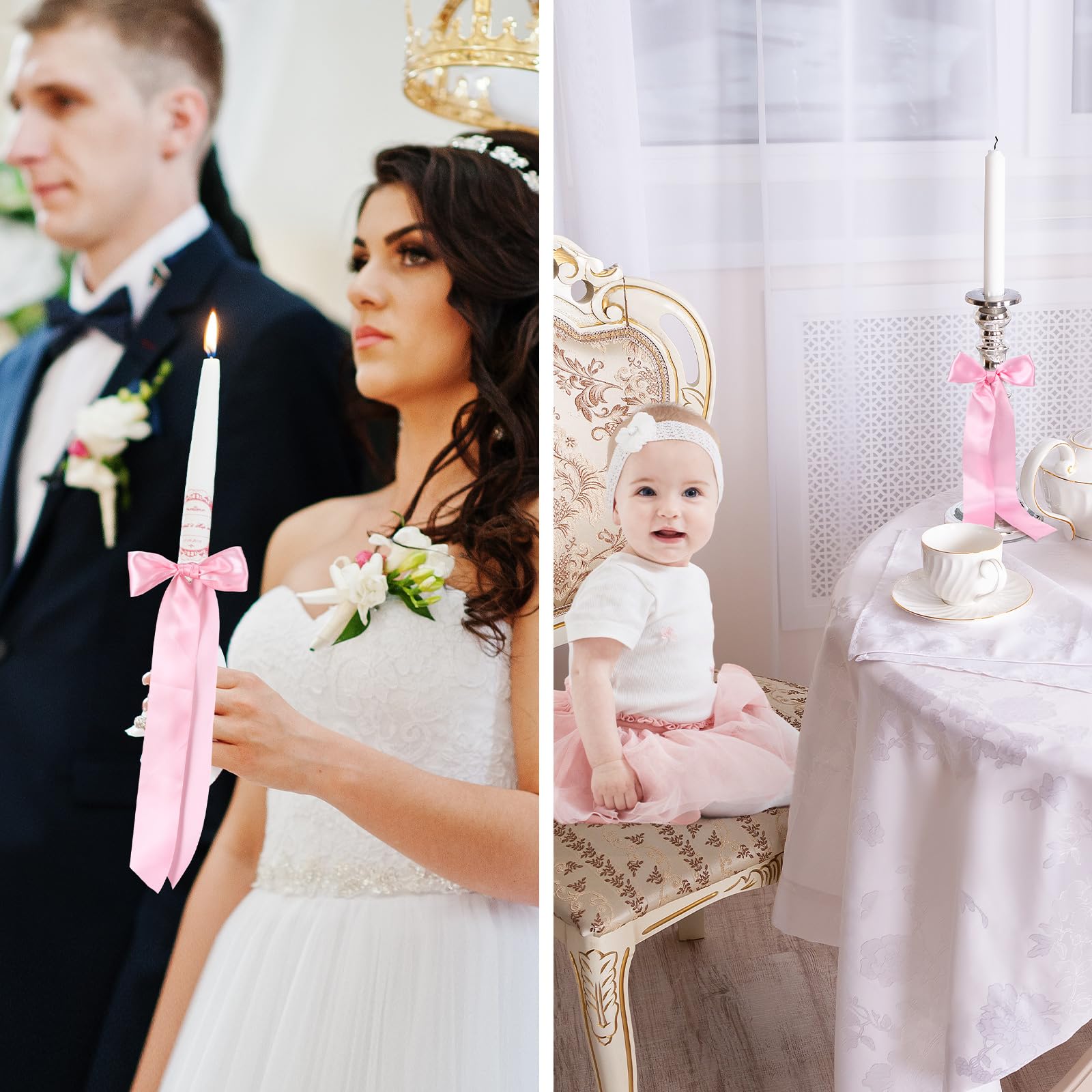 12 lazos rosados de Navidad para decoración de velas de 13 pulgadas, grandes lazos de decoración de coqueta para mesa, portavelas autoadhesivo, envoltura de regalo, boda, despedida de soltera 6