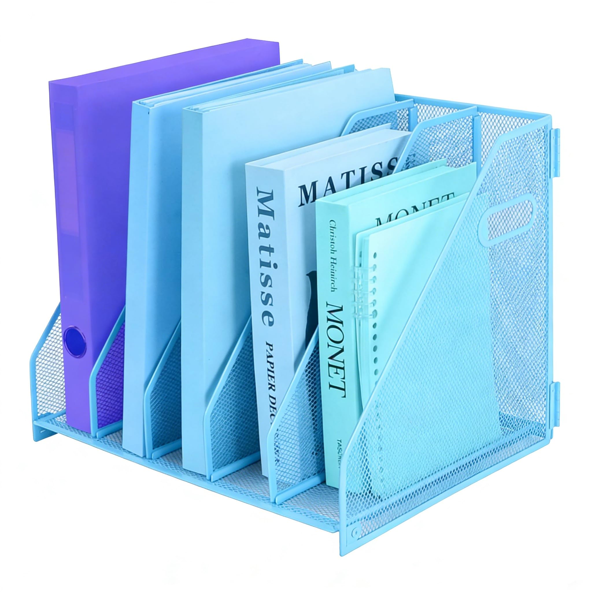 HIHOBDAY Desk Organizers Metal Desk Magazine File Holder Rack File Organizer for Office Desktop,Home Workspace,5 Vertical Compartments-Blue